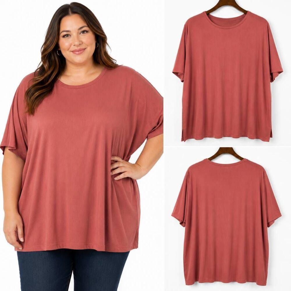 Nine West 3X Ribbed Soft Spun Pink Short Sleeve Top
